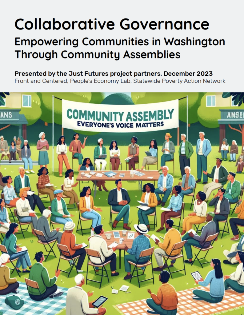 Report cover for "Collaborative Governance: Empowering Communities in Washington Through Community Assemblies."